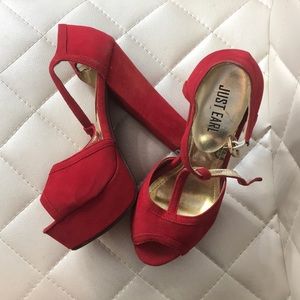 Red thick heel high heels